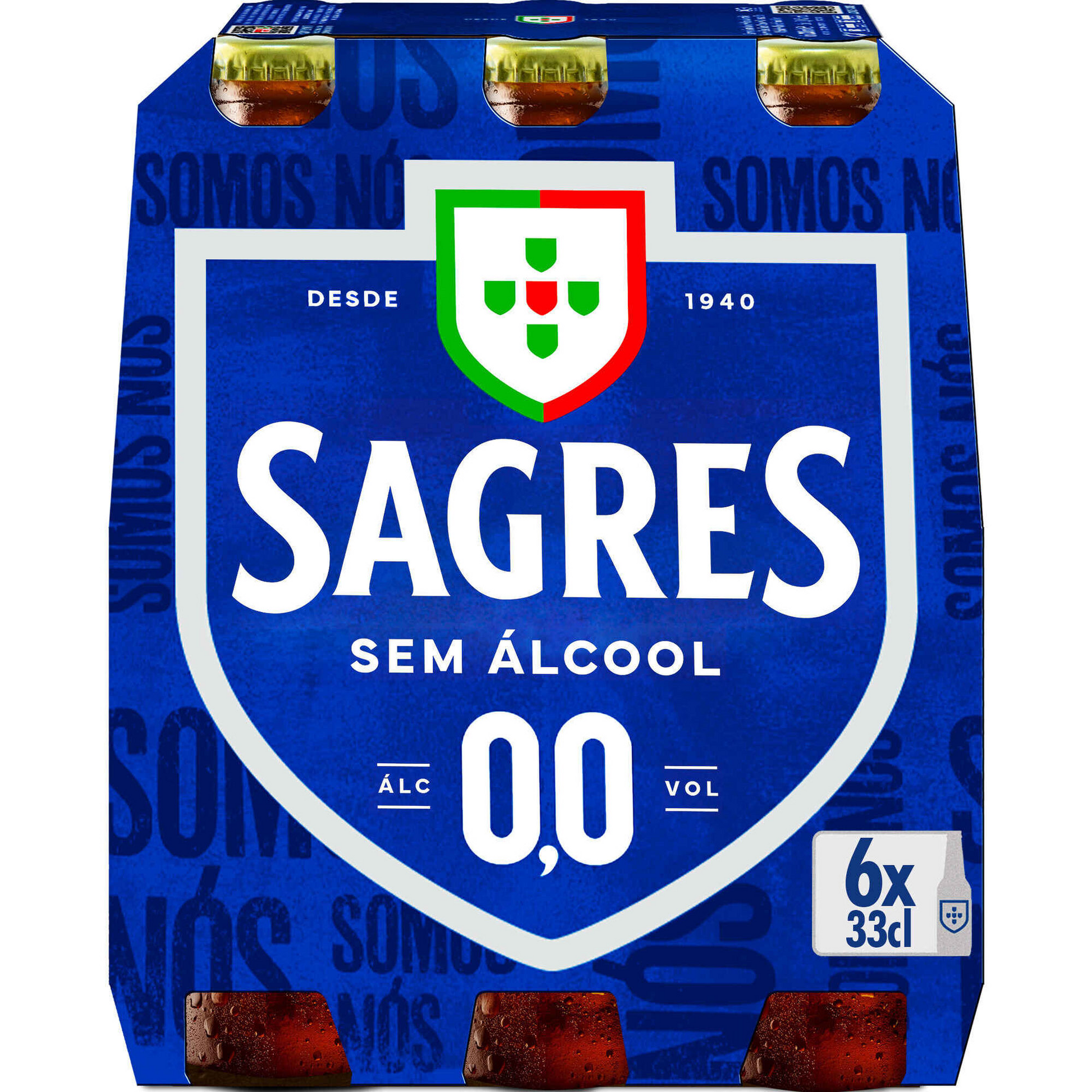 A pack of six 330ml bottles of Sagres Non-Alcoholic Beer, with a prominent shield logo and the text 'SOMOS NOSO' and '0,0% ALC VOL' indicating it is alcohol-free.