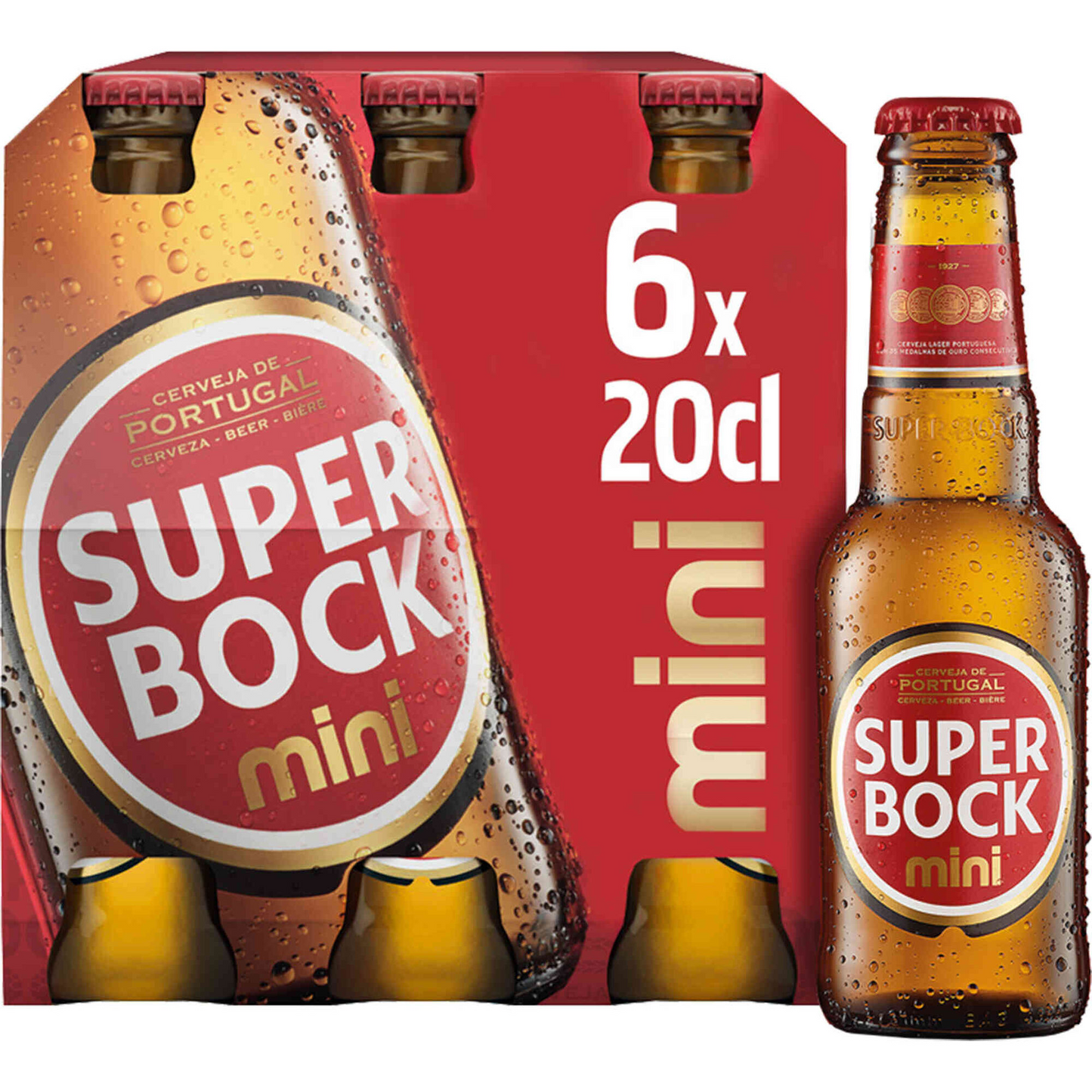 A 6 pack of 200ml bottles of Super Bock Mini beer, with branding and indication of 5.2% alcohol volume