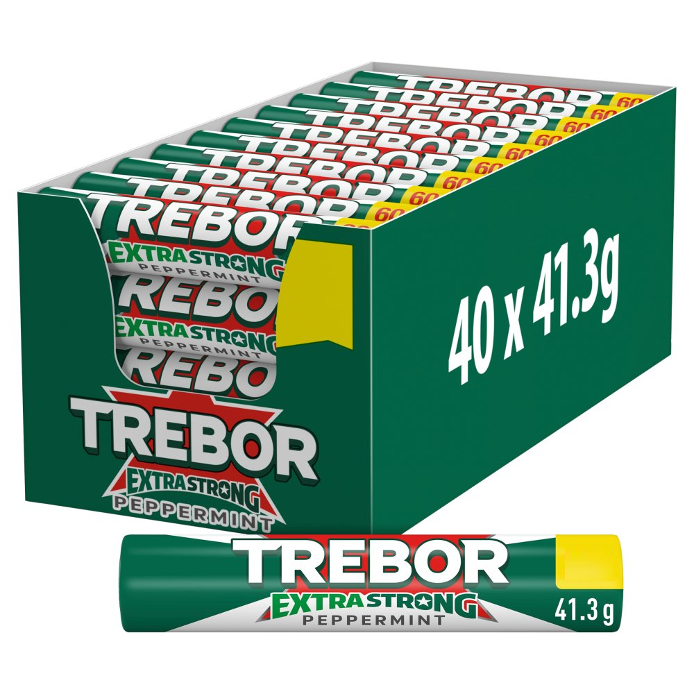 Trebor Extra Strong Peppermint Roll 41 g strong mint sweets, British peppermint candy, refreshing breath mints, classic UK confectionery, mint sweets collection