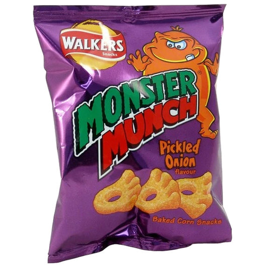 Walkers Monster Munch Pickled Onion 20 g small pack crunchy maize snack lunch size Chips and Crisps Lunch Snack Size Chip Packets Crunchy Savoury and Spicy Snacks