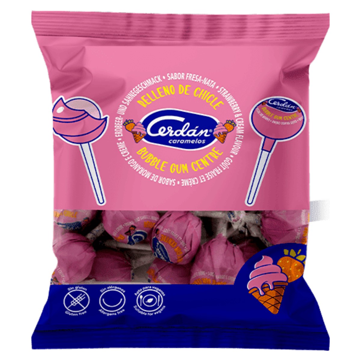 Cerdán Strawberry and Cream Lollipop with Bubble Gum Centre 15.5g