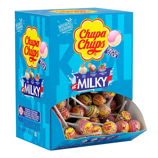 chupa chups milky lollipop creamy milk flavour hard candy sweet shop lollipop treat with paper stick