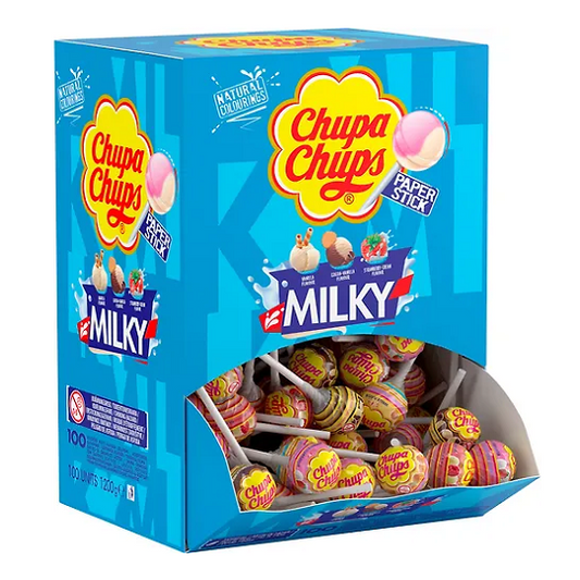 chupa chups milky lollipop creamy milk flavour hard candy sweet shop lollipop treat with paper stick