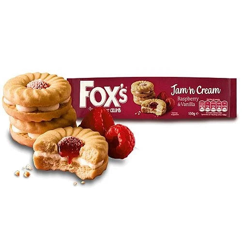 foxs jam n cream raspberry vanilla 150g fruity jam cream sandwich biscuits british classic