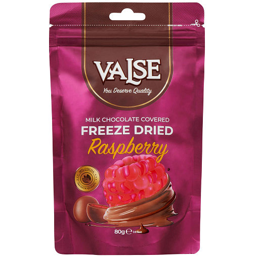 freeze dried raspberry covered in milk chocolate valse 80 g fruit and chocolate snack dried fruit chocolate and snack bars and nougat