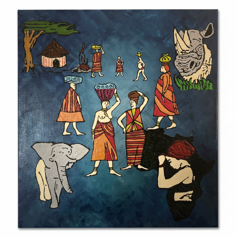 hand painted african heritage canvas 45x50cm textured 3d wall art cultural narrative elephant rhino artwork