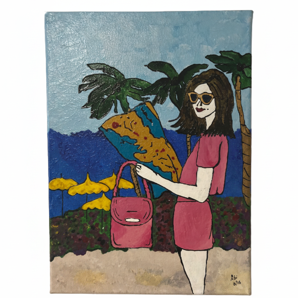 hand painted holiday beach woman canvas 25x35cm tropical wall art palm trees summer decor textured artwork