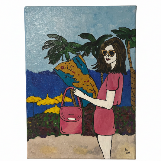 hand painted holiday beach woman canvas 25x35cm tropical wall art palm trees summer decor textured artwork