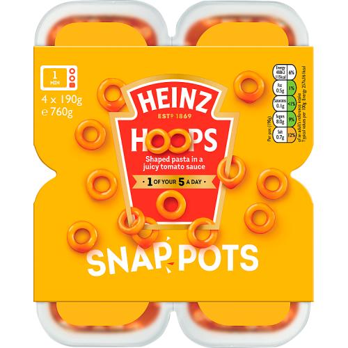 heinz spaghetti hoops snap pots 4x190g tomato sauce ready meal pasta snack convenient lunch pots