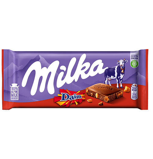 milka daim milk chocolate tablet 100g alpine milk chocolate with crunchy daim caramel pieces chocolate tablets and slabs