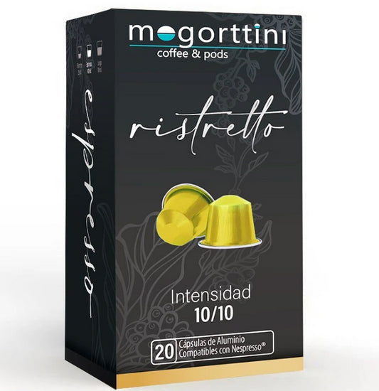 Café Ristretto 20 cápsulas Mogorttini. Compatible con Nespresso, en aluminio. 