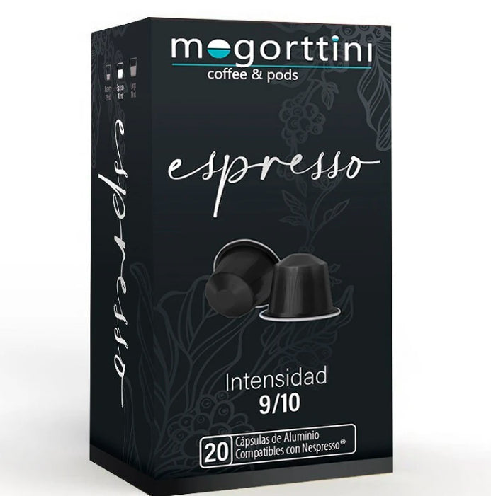 Espresso Mogorttini, 20 cápsulas de aluminio. Compatible con Nespresso. 