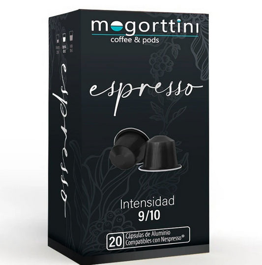 Espresso Mogorttini, 20 cápsulas de aluminio. Compatible con Nespresso. 