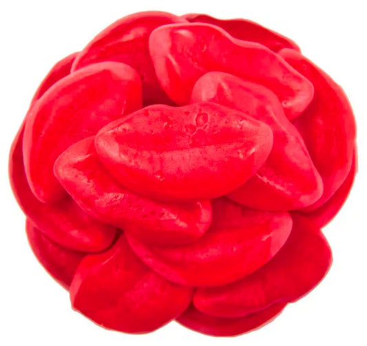 Soplando gomitas de labios rojos
