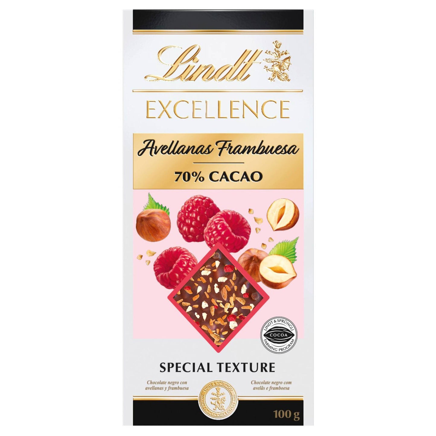 Tableta de Chocolate Frambuesa y Avellanas 70% Cacao Lindt Excellence 100 gr