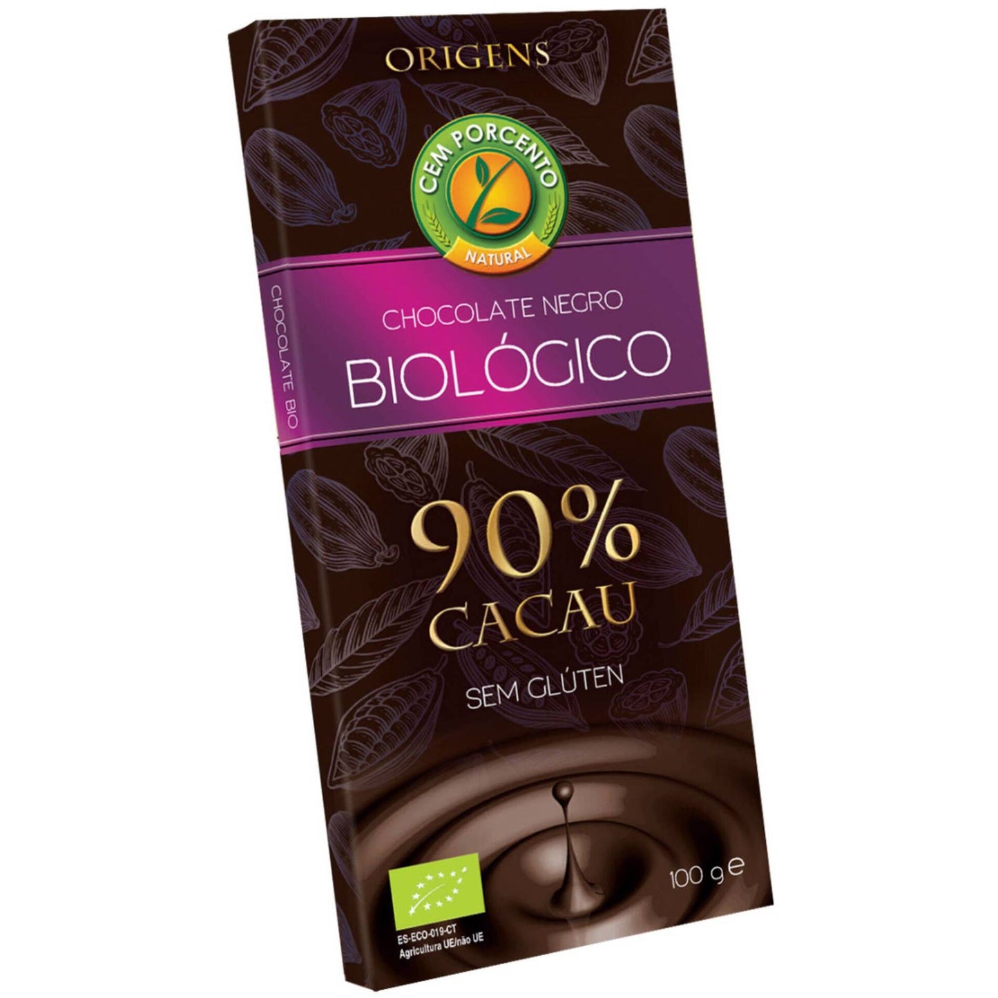 Tableta de Chocolate Negro al Cacao Cem Porcento 100g Sin Gluten 90%