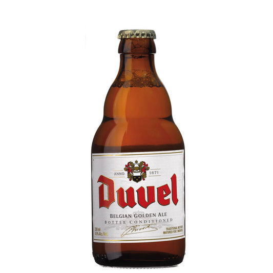 A bottle of Duvel Belgian Golden Ale with a label displaying the brand name and alcohol content.