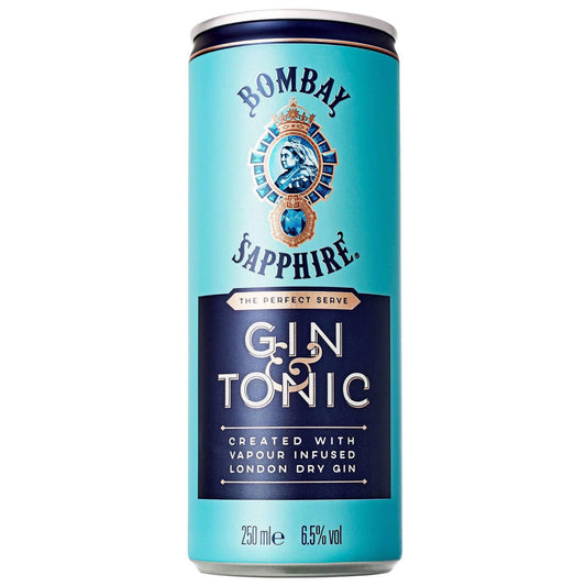 Bombay Sapphire Gin and Tonic Cocktail 250ml 6.5% ABV premium ready-to-drink canned cocktail from the Mixed Ready Drinks and Top Rated Gins collections