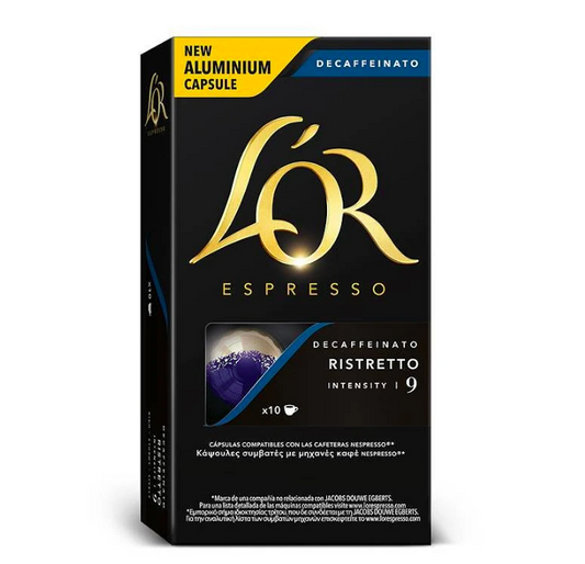 LOR decaffeinated ristretto intensity 9 Nespresso capsules 10 caps strong espresso pods caffeine free rich dark coffee
