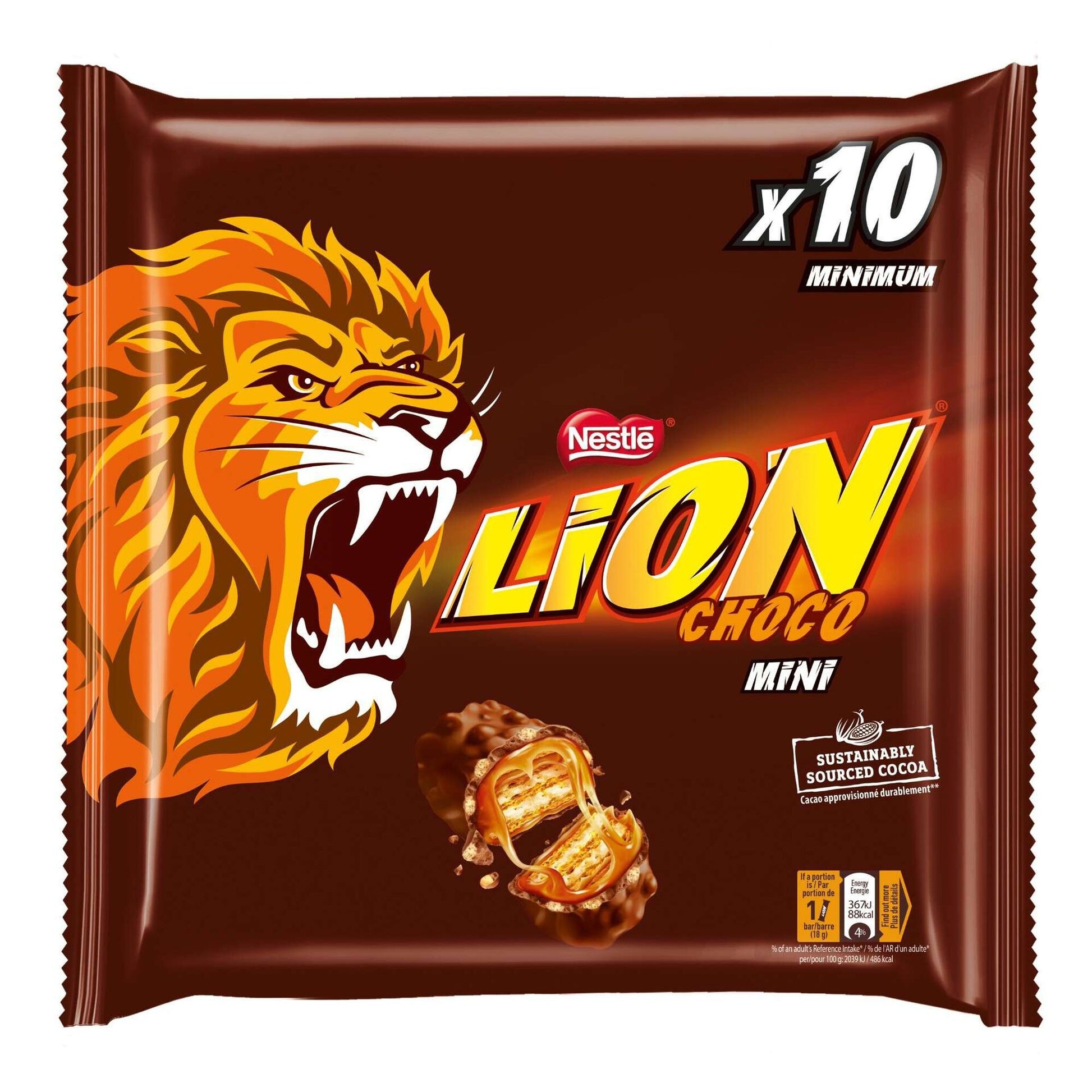 Lion minis 198g pack mini chocolate bars with caramel wafer and crispy cereal coated in milk chocolate sharing pack