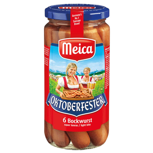 Meica Oktoberfest bockwurst sausages in glass jar 6 pack 380g gluten free german preserved sausages