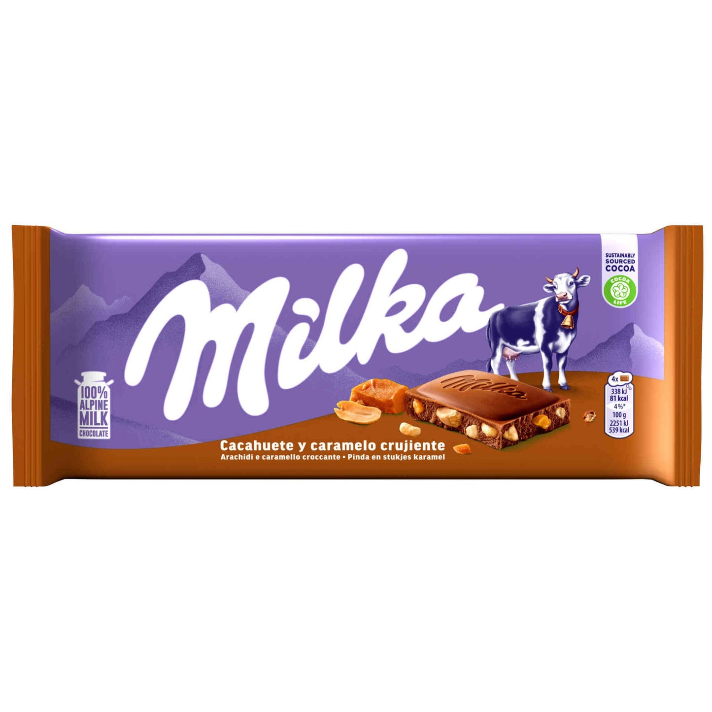 Milka Chocolate with Peanuts and Crunchy Caramel 90g Alpine milk chocolate tablet with peanuts and caramel festive collection