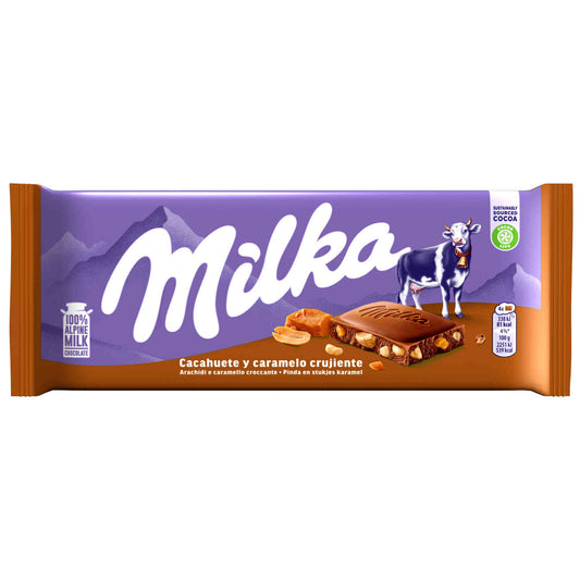 Milka Chocolate with Peanuts and Crunchy Caramel 90g Alpine milk chocolate tablet with peanuts and caramel festive collection