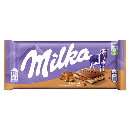 Milka Milk Chocolate and Caramel Tablet 100g creamy Alpine milk chocolate slab with caramel filling South African Products
