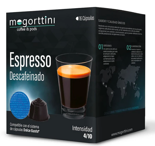Mogorttini Decaffeinated Espresso coffee capsules 16 pack Dolce Gusto compatible decaf espresso pods smooth rich flavour capsules