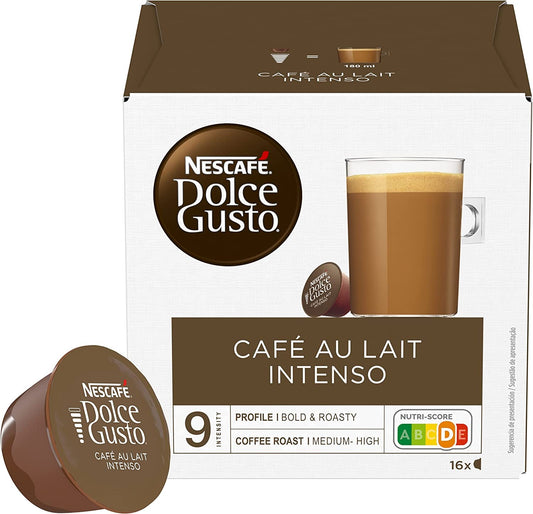 Nescafé Café Au Lait Intenso coffee capsules 16 pack Dolce Gusto compatible creamy milk coffee pods strong café au lait capsules