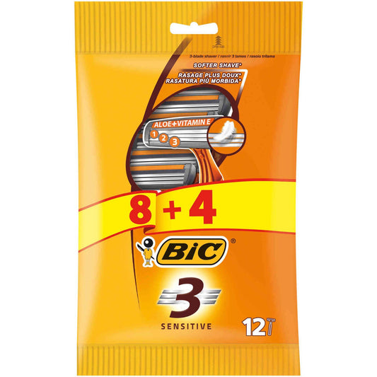 bic sensitive 3 disposable blades pack of 12 triple blade razors sensitive skin shaving grooming personal care