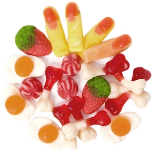 gummy mix fingers strawberries eggs bones by weight – shiny jelly novelty pick n mix sweets